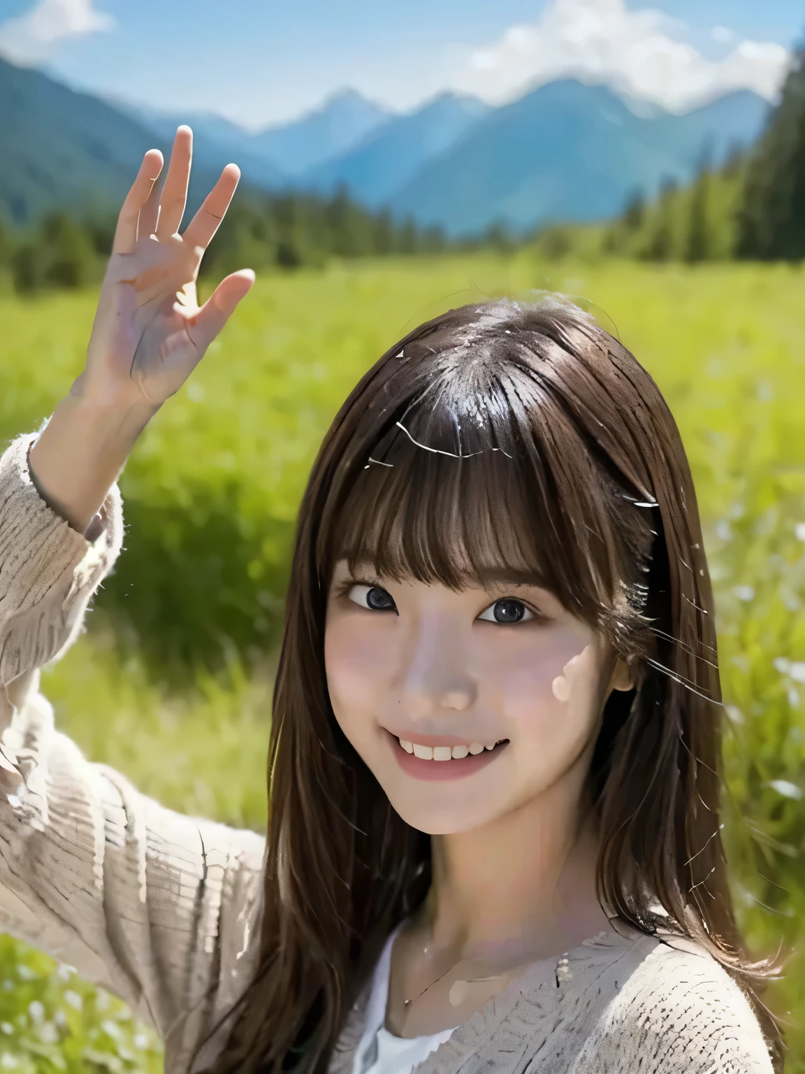 A girl who is happy to raise her hands wide against nature in the background, long hair, high resolution, looks, multiview, anatomically correct, best quality , Details , 高い Details , High Definition Model , bangs, 目の間のbangs, Reality,