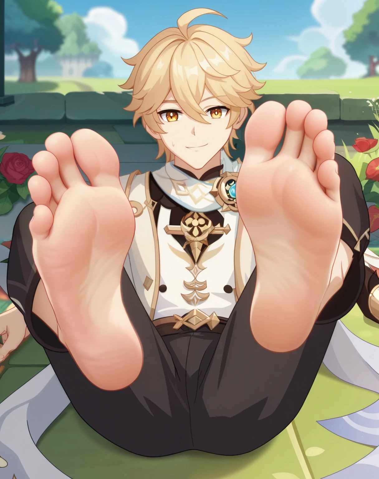 Score_9, score_8_up, source_anime, 1boy, Aether, Genshin Impact, alone, looking at viewer, in a garden, smile, cowboy shot, ANIME SCREENCAP, anime coloring, barefoot, perfect feet, anatomically correct, soles, focal length 35mm, each foot has five toes, front, symmetrical soles, foot focus, from above, lying on the floor, lifting legs to show his soles,
His eyes are a little circle with a slight curve. His eyes are a soothing honey-gold color, light beige long sleeve shirt, coming with a white scarf upon his neck. He has black sweatpants