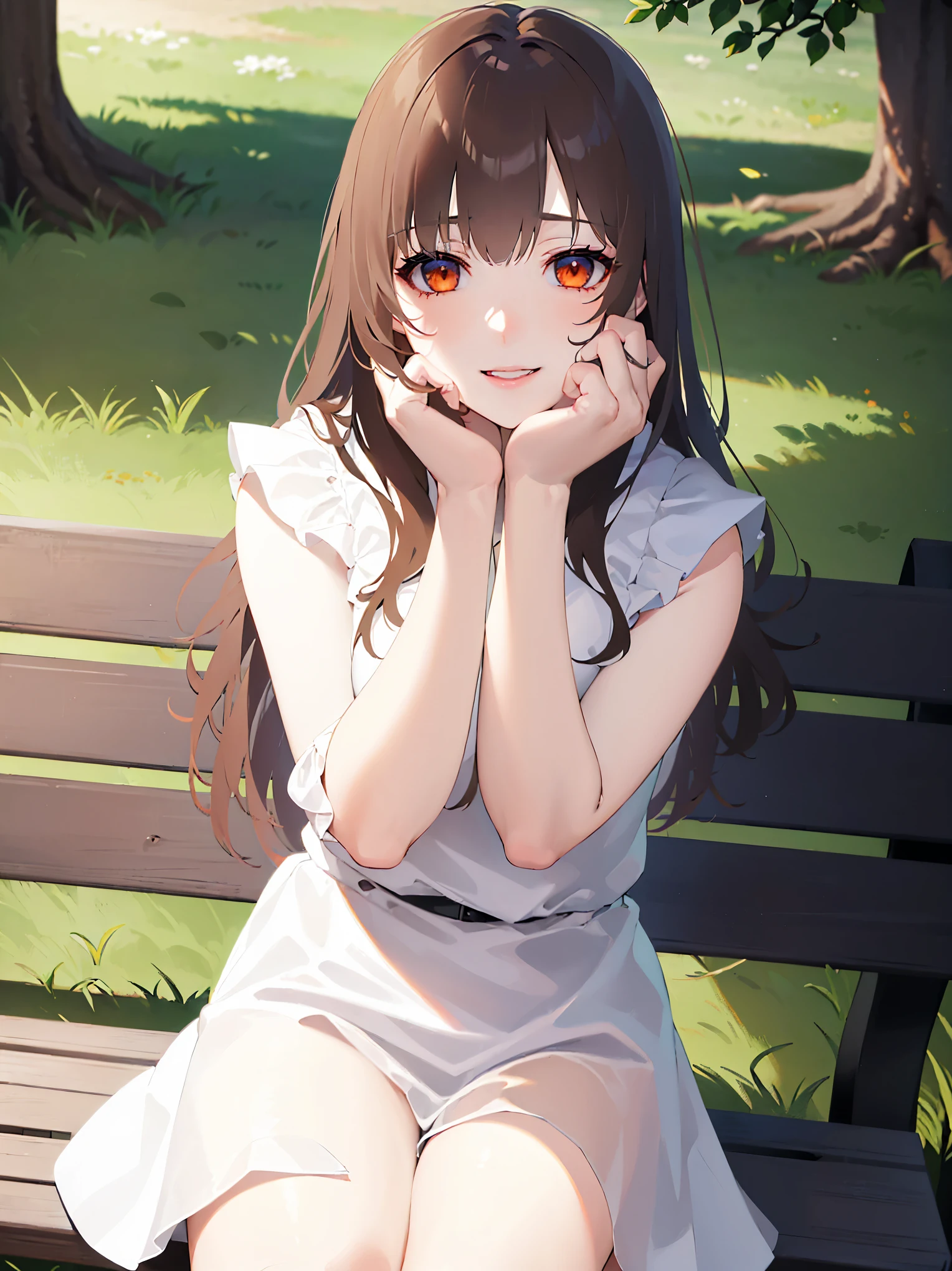 yandere,shaded face,masterpiece, best quality, detailed, Masterpiece, Great detailed pictures, RAW photo, photorealistic, Realistic, real person,(pale skin: 1.2), shiny skin, shiny hair, (25-year-old woman with medium hair with bangs) and (wavy hair) and (brown hair) and (orange eyes) ,(white) and (Sleeveless ruffled collared dress),smile,(hands on own cheeks:1.3),
The background is a park,bench,alone,