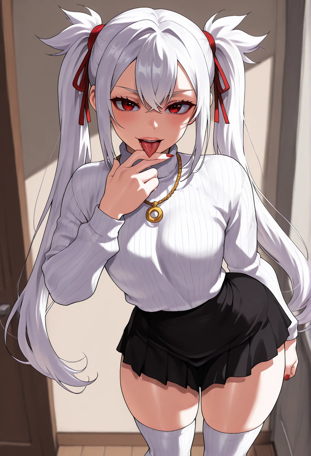1girl,heart-shaped pupils,fingernails,hands on own face,white hair,purple eyes,(blush:1.1), 19 years old, large breasts, triple D cup breasts, round buttocks, bubbly buttocks, wide hips, bubbly ass, choker,upper body,trembling,sweat,sweatdrop,heart,(speed lines:1.1),large breasts, ((heavy breathing:1.3)), love, heart, crop top, happy, smile, full body shot
