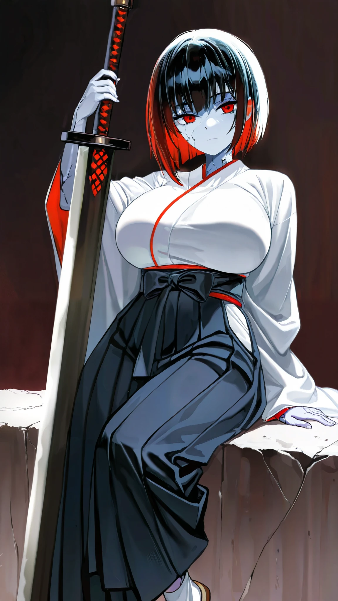 Anime girl with red hair holding a sword and sitting on a ledge - SeaArt AI