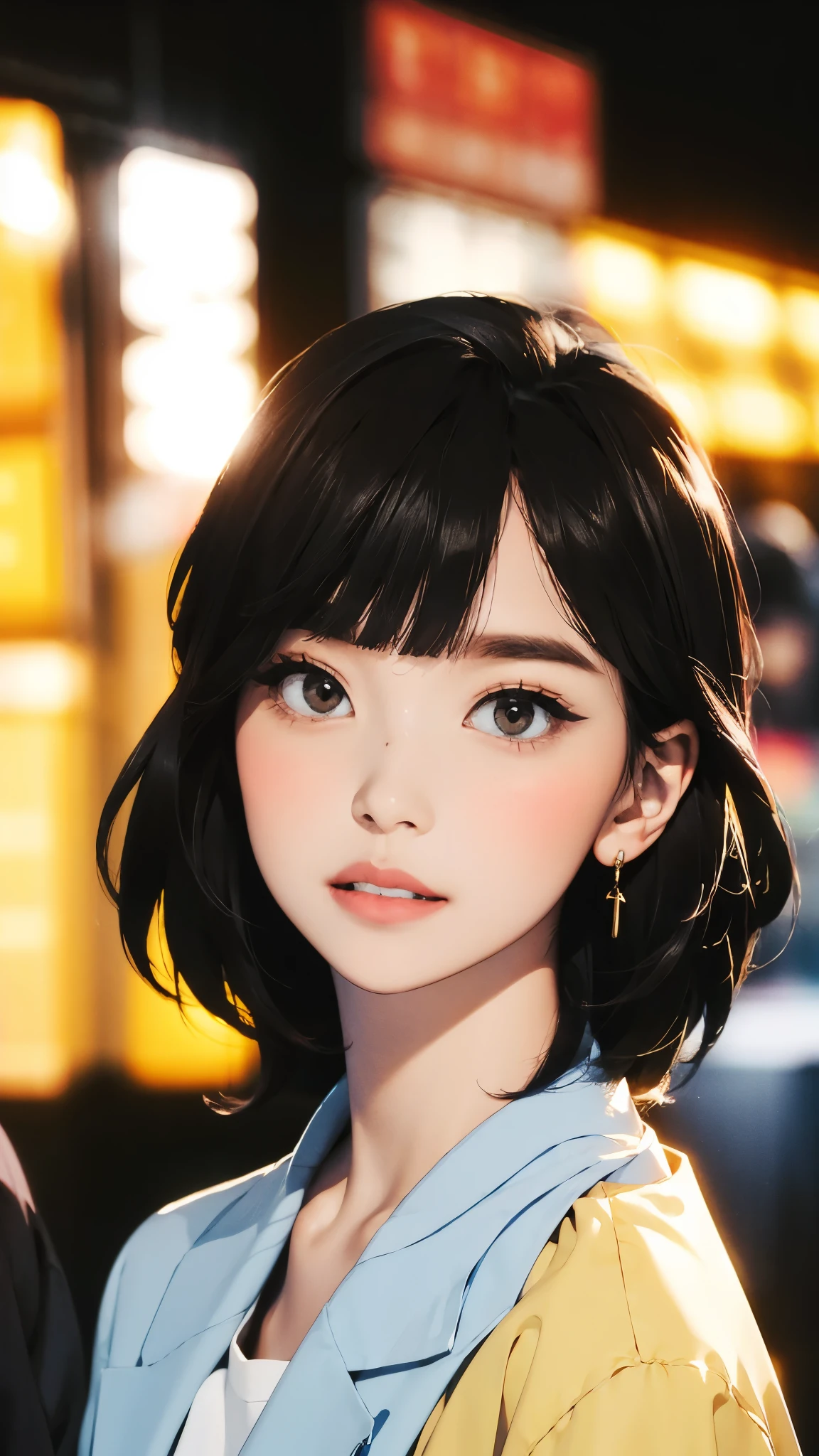 (masterpiece, best quality), beautiful woman, cute printed cropped shirt, jacket, jeans, short wavy hair, headband, asymmetrical bangs, perfect face, beautiful face, alluring, big gorgeous eyes, soft smile, perfect slim fit body, city streets, seoul, bright colors