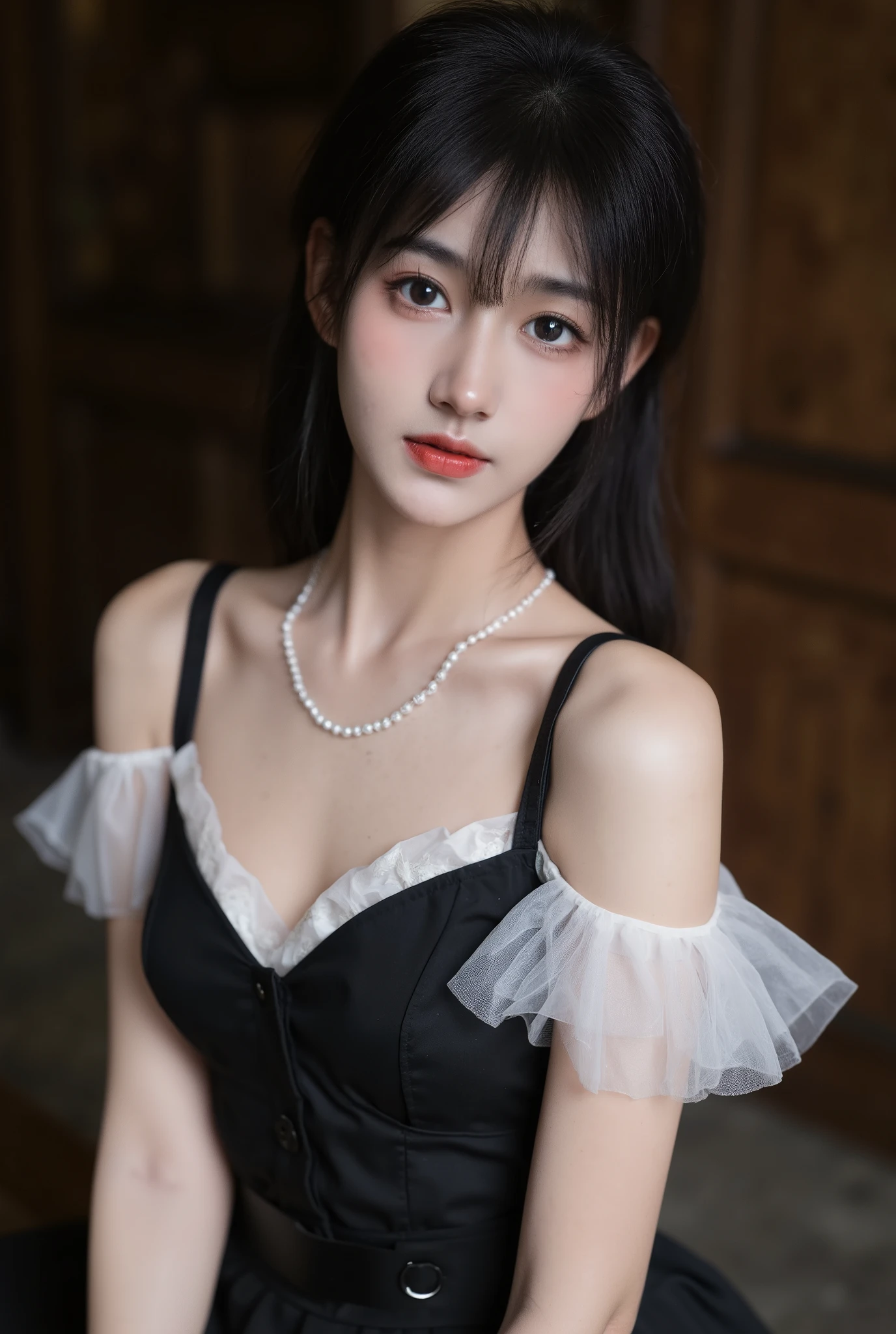 1 Girl,Sexy,Short flowing black hair,Hair shine,Skin details,Beautiful facial features,Exquisite makeup,Exquisite eyes,Eye details,Dark eyeshadow,small freckles,Pearl necklace,full,Black suspender skirt,White tulle lace,Shoulder,arm
