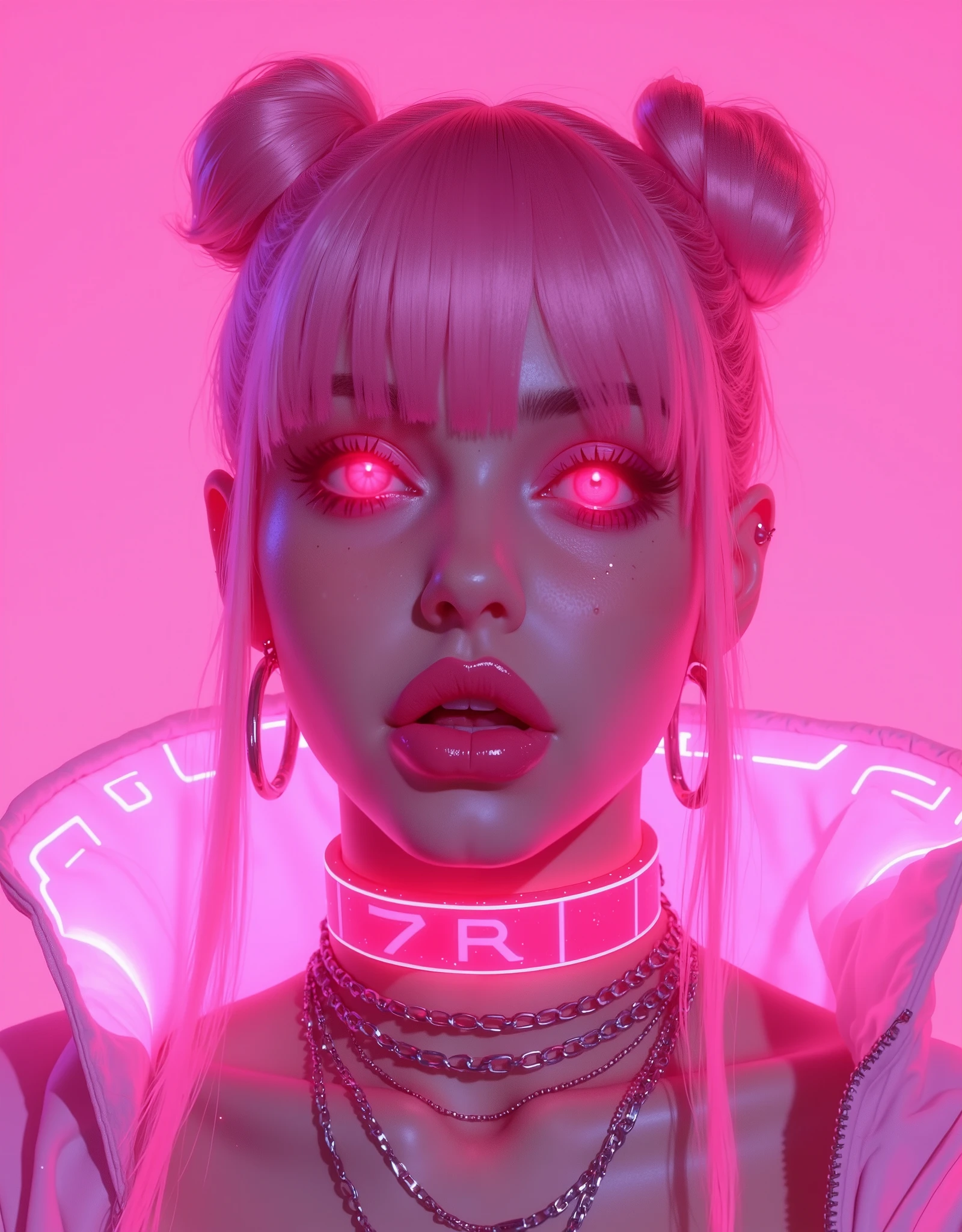 The character is a futuristic, cyberpunk-inspired female with a striking and vibrant aesthetic. She has neon pink hair styled in dual buns with bangs, emitting a glowing effect that matches her overall radiant look. Her glowing pink eyes exude intensity, paired with glossy, voluminous lips that reflect a soft shimmer.
Her skin is smooth with subtle freckles and intricate cybernetic line designs tracing her cheeks. She wears a high-tech glowing choker with pink LED lights and metallic chains, adding a sleek, modern touch to her look. Large hoop earrings further accentuate her style, blending elegance with a futuristic edge. The overall lighting casts a pink glow, enhancing the ethereal and high-tech feel of her appearance.