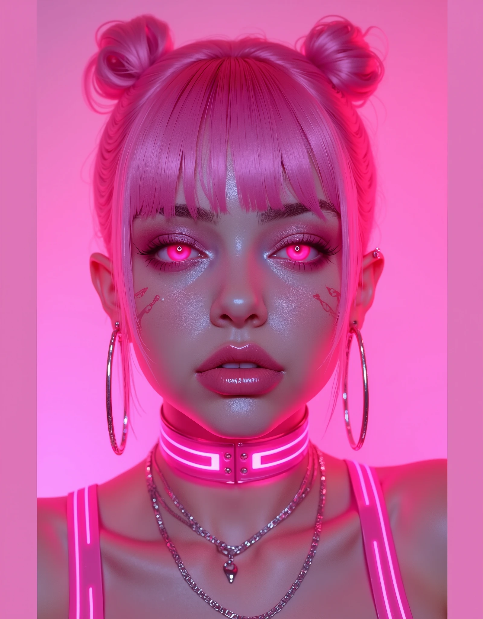 The character is a futuristic, cyberpunk-inspired female with a striking and vibrant aesthetic. She has neon pink hair styled in dual buns with bangs, emitting a glowing effect that matches her overall radiant look. Her glowing pink eyes exude intensity, paired with glossy, voluminous lips that reflect a soft shimmer.
Her skin is smooth with subtle freckles and intricate cybernetic line designs tracing her cheeks. She wears a high-tech glowing choker with pink LED lights and metallic chains, adding a sleek, modern touch to her look. Large hoop earrings further accentuate her style, blending elegance with a futuristic edge. The overall lighting casts a pink glow, enhancing the ethereal and high-tech feel of her appearance.
