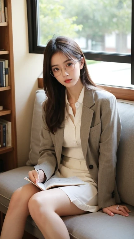 an image of a captivating Korean influencer at a chic bookstore café. She’s seated by a large window, surrounded by shelves of books and cozy decor. Her outfit is a blend of intellectual and trendy—a tailored blazer paired with stylish glasses. She’s sipping a cup of tea while reading a book, her expression thoughtful and serene. Sunlight streams through the window, casting soft shadows and creating a warm, inviting ambiance.