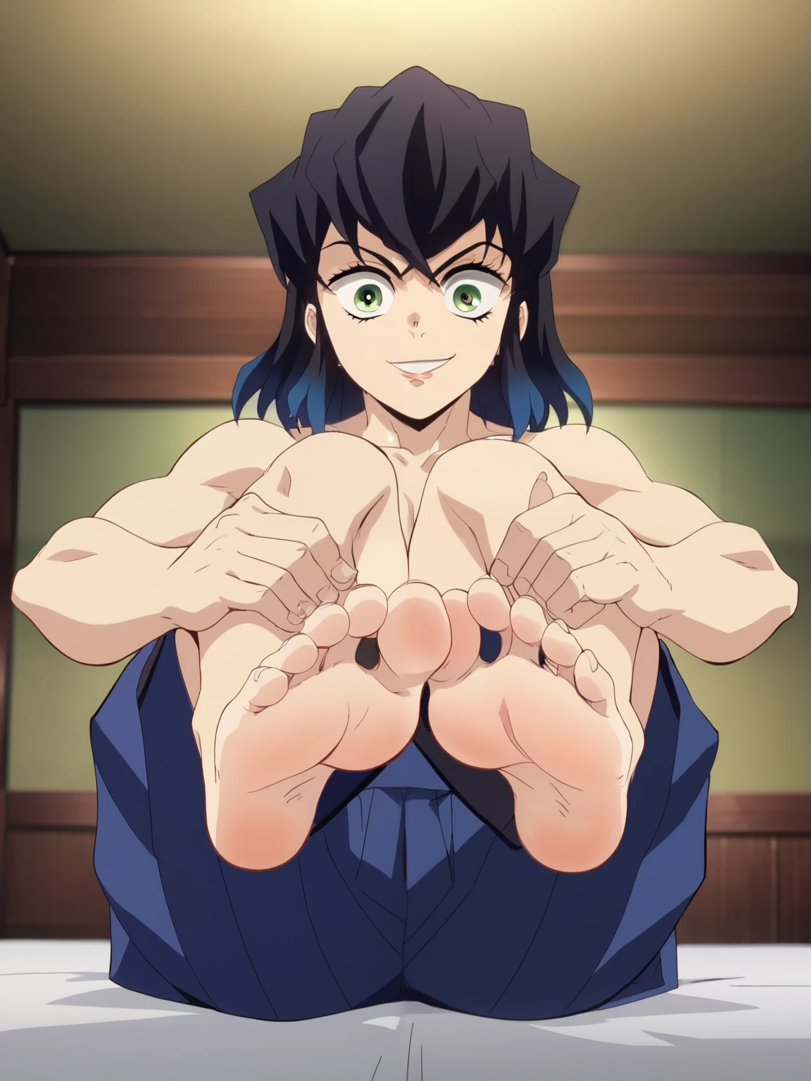 score_9, score_8_up,source_anime,
1boy, Inosuke Hashibira, alone, looking at viewer, cowboy shot, anime screencap, anime coloring,barefoot,Perfect feet,Anatomically correct,soles,low angle,Focal length 35mm, Five toes,front,Symmetrical Soles,Foot Focus, in his bedroom, sitting on the bed, lifting legs to show his soles, flirty gaze, flirty smile,
Inosuke is a young man of average height and pale complexion with an extremely toned and muscular build for his age. In sharp contrast to this, he has an incredibly pretty and feminine face. with large, wide eyes that are framed by an array of long eyelashes, their iris a dark to soft pale green, thin eyebrows, and what could be a small, well-mannered mouth. His thick, raven-black hair reaches just past his shoulders, fading into blue at the tips and forming an unruly and uneven fringe that falls just above his eyes, puffing out before curving and thinning towards his forehead. Dark blue hakama pants, shirtless,