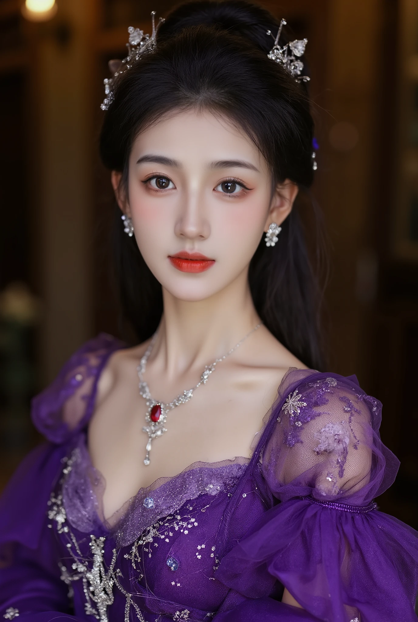 Top CG, Highest image quality, masterpiece, Gentle and beautiful girl, (185cm beauty), (fit), Imperial sister, Queen temperament, White skin, ((Long legs)), perfect facial features, Bright Eyes, Seductive pose, Red lips, Beautiful and cold (A major breakthrough)), Beautiful and heroic, Soft and long hair, Glittering, Lace, net, Visible through clear skin, wear glasses, diamond earrings, ruby neckLace, (Purple dress), 8K Image Quality, (Realistic Portraits), Characters fill the screen, (Facial lighting), ((eternal)