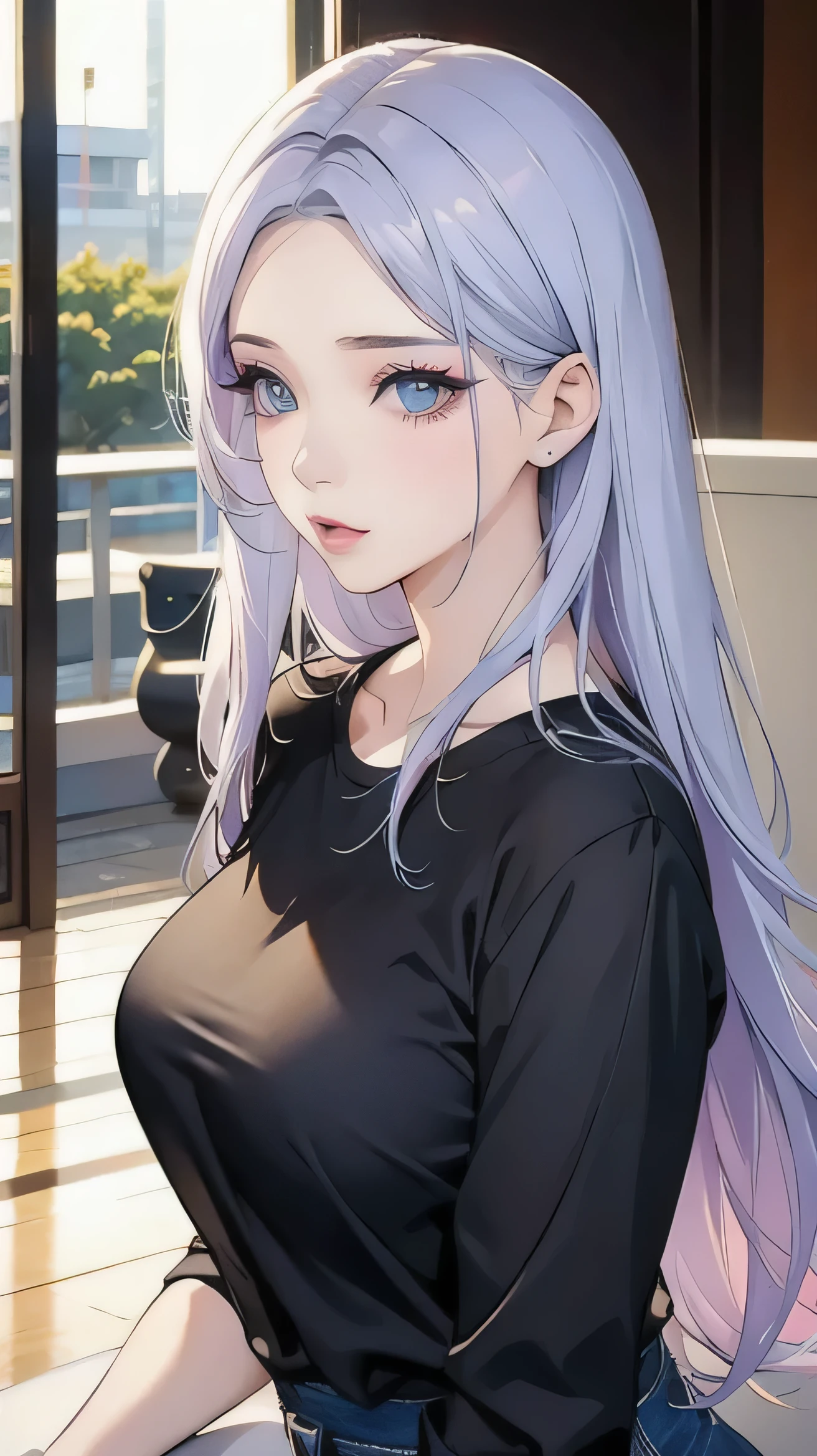 cool pastel makeup、2025 MAKEUP TRENDS 、 cool expression、 high definition surrounded by chicks 、 allows depth of field、 casual attire、Hair color is black、Woman with sharp eyes 、Chest Dcup