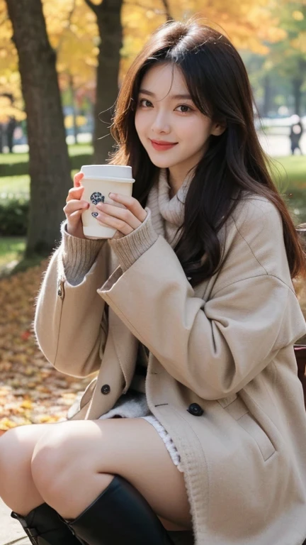 a mesmerizing Korean influencer in an autumn park, surrounded by falling golden and red leaves. She’s wearing a stylish trench coat over a knit sweater with knee-high boots, embodying autumn chic. Her hair flows naturally, and her smile is warm and inviting as she holds a cup of coffee in one hand. The park’s winding paths and tall trees frame her beautifully, evoking a cozy, seasonal charm.