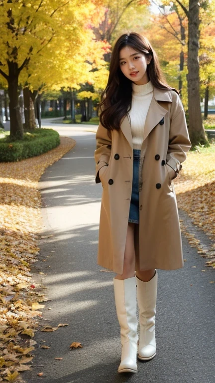 a mesmerizing Korean influencer in an autumn park, surrounded by falling golden and red leaves. She’s wearing a stylish trench coat over a knit sweater with knee-high boots, embodying autumn chic. Her hair flows naturally, and her smile is warm and inviting as she holds a cup of coffee in one hand. The park’s winding paths and tall trees frame her beautifully, evoking a cozy, seasonal charm.