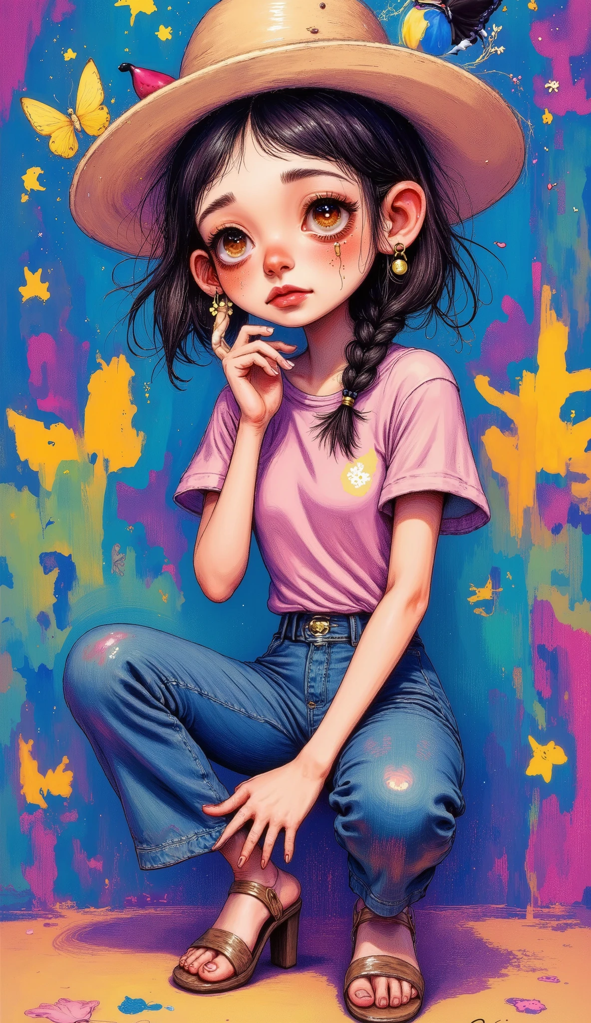 The romantic illustration style of Sarah Kay from the 19th century, They are *********** with full profile , beautiful braid with pink bow, I felt in sandals with wide jeans , pink shirt, large floral hat with mon rosado , agarrando They are rodilla, the other straight foot , and the fat of the cake , a They aremosa mariposa, colors They areaves en pasteles, idyllic, magic, romantic. cyberpunk background , high definition , 8K, very master , (( the best romantic illustration in the style of Sarah Kay : 1.3)), image sharpness :1.2