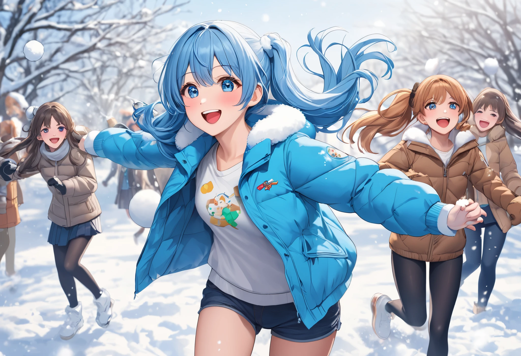 light blue long hair、A beautiful girl with a twin-tail hairstyle 、Brown down jacket、smile、 Snow Scenery 、 is having a fun snowball fight with her friends、
