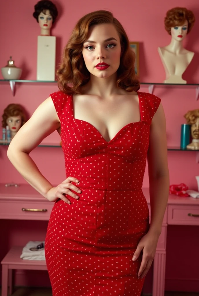woman in polka dot dress and hat holding red purse, pinup style, rockabilly style, dressed like in the 1940s, by Aneurin Jones, vintage dress, sixties pinup, 50s style, 5 0 s style, ww2 era, in a dress, retro pinup model, pinup pose, 1950s vibes, polka dot