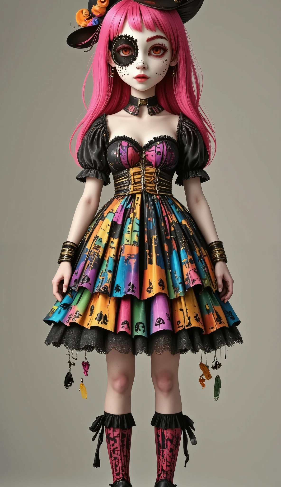 1 girl in、 plump body 、( eye patch )、 big, full breasts 、( fluffy breasts)、(For large military uniforms )、(Military Armament)、( pink hair)、(city de neón)、(cyberpunkized), tmasterpiece、  of the highest quality ,  cinematic light , Movie shadow, clear image,  extremely detailed,  volumetric , particles effect, beautiful effects ,   bright colors  , Neones, neon light,  Highly detailed image textures,  detailed hair , cara detallada,  Detailed eyes,  full body photo , city、 photo from below 、 Photo from the knee up 、