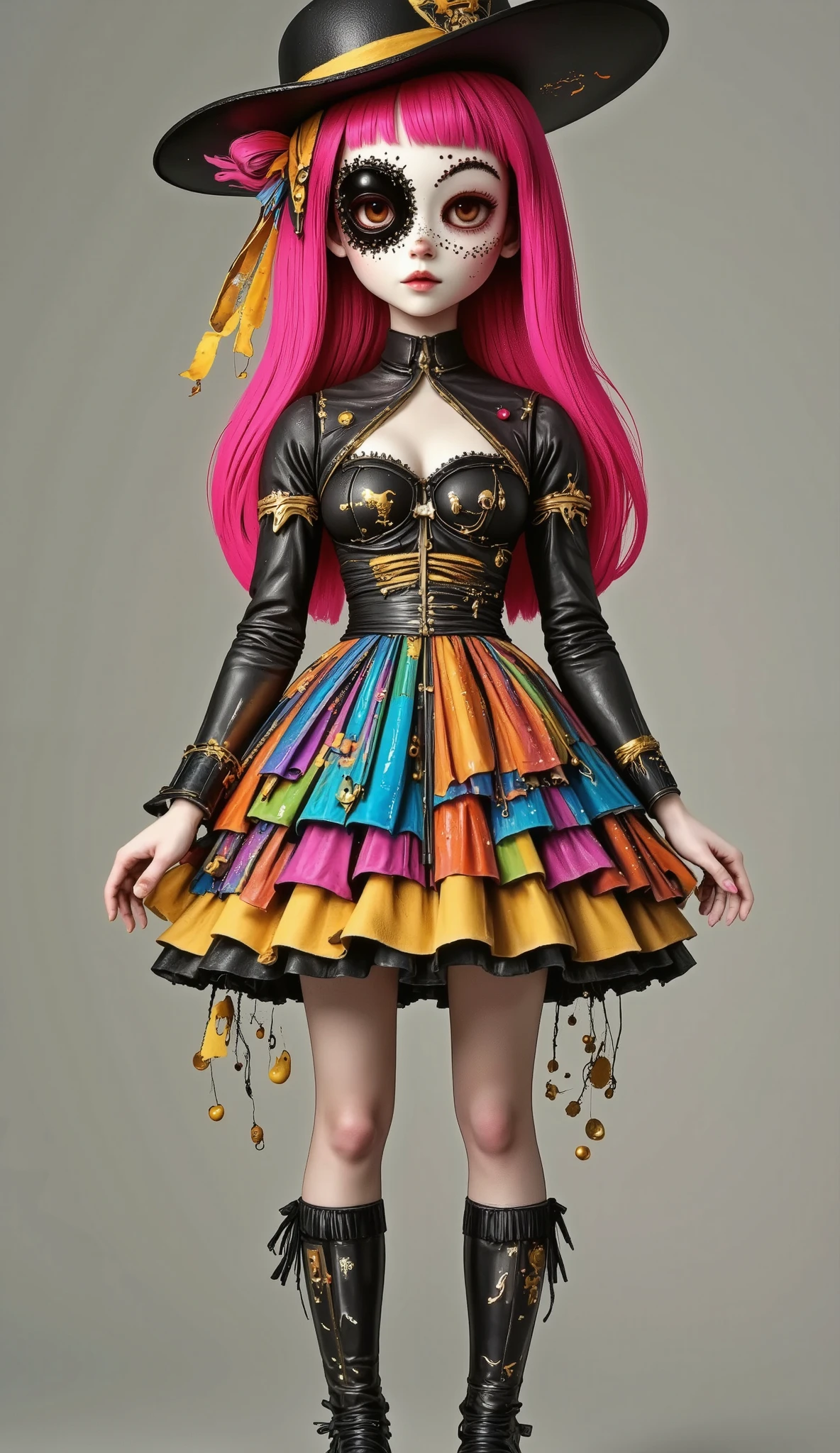 1 girl in、 plump body 、( eye patch )、 big, full breasts 、( fluffy breasts)、(For large military uniforms )、(Military Armament)、( pink hair)、(city de neón)、(cyberpunkized), tmasterpiece、 of the highest quality , cinematic light , Movie shadow, clear image, extremely detailed, volumetric , particles effect, beautiful effects , bright colors , Neones, neon light, Highly detailed image textures, detailed hair , cara detallada, Detailed eyes, full body photo , city、 photo from below 、 Photo from the knee up 、