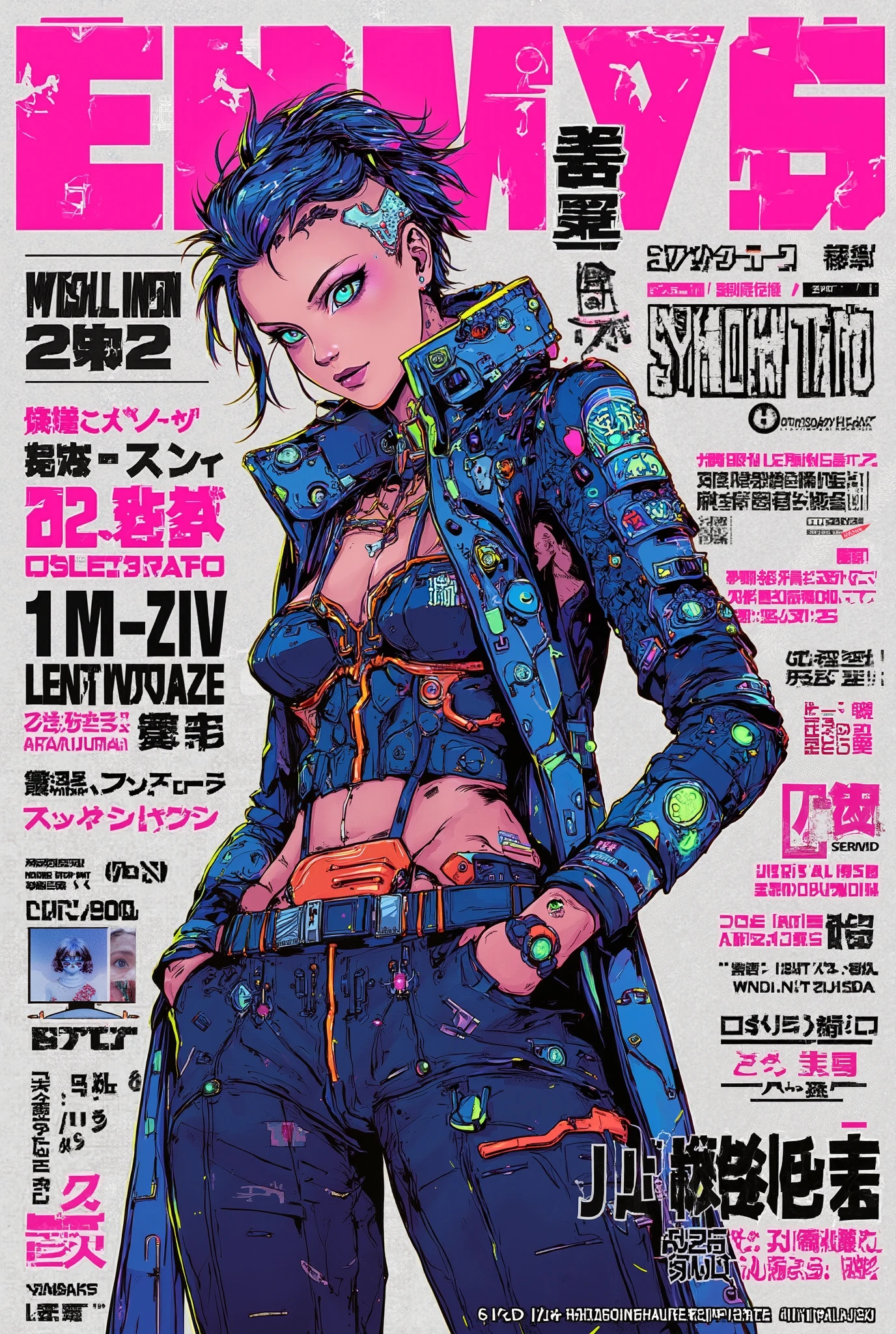 ((manga magazine cover illustration) of (Kate Beckinsale as a cyberpunk girl))), ((Japanese magazine cover)), (((wearing detailed cyberpunk Harajuku clothing))), ((Japanese text)), ((LED lights)), (((weird cyberpunk hairstyle))), perfect features, (((dynamic pose))), magazine cover.