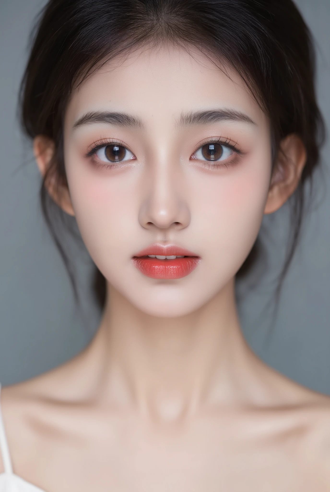 fashion model 18 years old [[[[Close-up face]]]], [[[[]]]], [[[[rape]]]], perfect eyes, perfect iris，perfect lips，perfect teeth，Perfect skin，Has fair skin，long face，slender nose，girl，((Chinese ballet dancer&#39;s face))，Keep your eyes on the camera，A delicate face，Raised sexy，Slim，（face close-up），gray background，4K Ultra HD, ultra high resolution, (lifelike: 1.4), best quality，masterpiece，（pastel colors：1.2），（Front view 1.8)