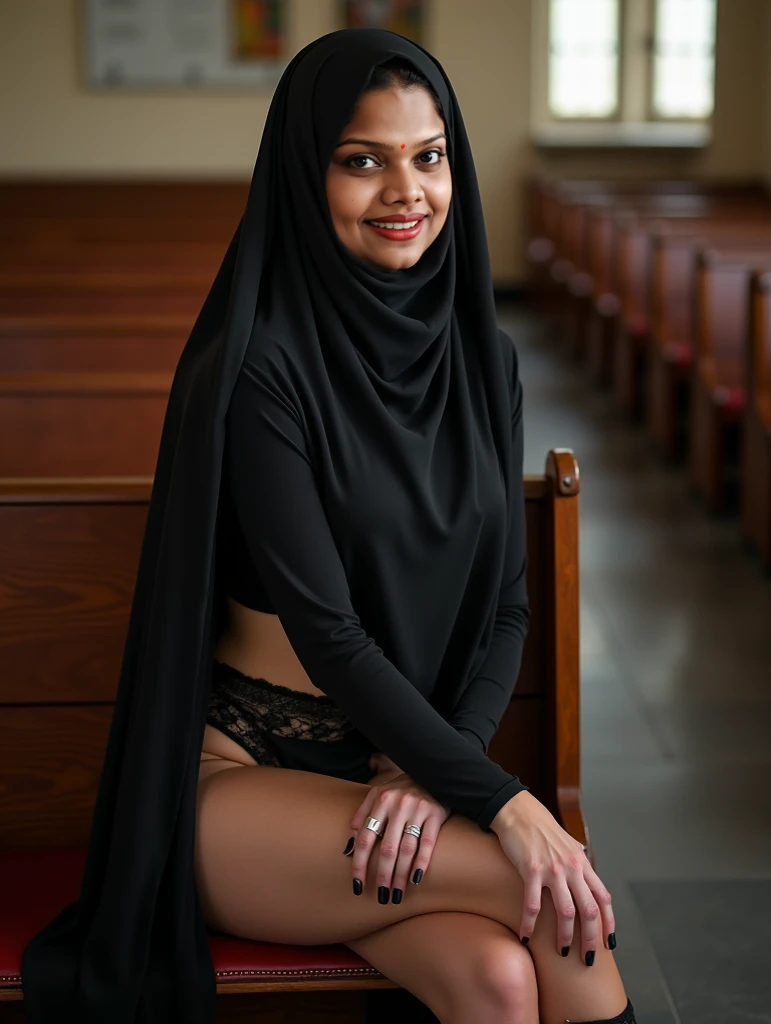 (portrait), (RAW photo, Best quality), (Realistic, photo-realistic:1.2), a sexually attractive hourglass figure 14 years old girl in high heels spread her legs, (sit on a chair in church), (Black and white hijab:1.3), In churches, ((lingerie)), makeup, red lips, depth of field, first-person view, pov, bokeh, Nikon, High quality, UHD, retina, masterpiece, ccurate, anatomically correct, textured skin, super detail, high details, high quality, award winning, best quality, highres, HD, (solo focus), (full body shot:1.3), (high heels:1.3), (lace thighhighs), looking at viewer, the camera view from head toe high heels, wedding veil, beautiful mature face, perfect face, perfect nose, (SFW:1.5)