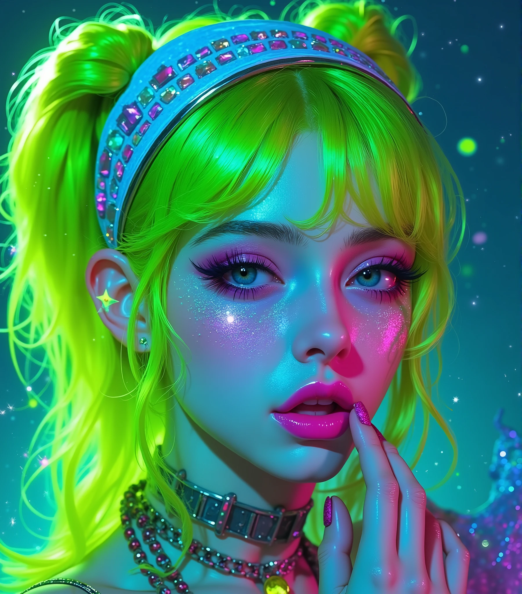 The character is a vibrant, otherworldly female with a luminous and enchanting aesthetic. Her neon green and yellow hair is styled in playful twin buns with loose, flowing strands, radiating a glowing aura. Her face shimmers with glitter and iridescent hues, accentuating her ethereal presence. A glowing crescent moon symbol sits on her forehead, enhancing her mystical allure.
Her captivating eyes are framed by bold lashes and pink eyeshadow, exuding a mesmerizing charm. Glossy pink lips add a touch of vibrancy and elegance. She wears a studded choker and layered necklaces, blending edgy and celestial styles seamlessly.
The background is a dreamy gradient of blues and purples, with glowing particles adding depth and magic to the scene. The neon lighting highlights her facial features and accessories, creating a captivating, futuristic fairy-like persona.