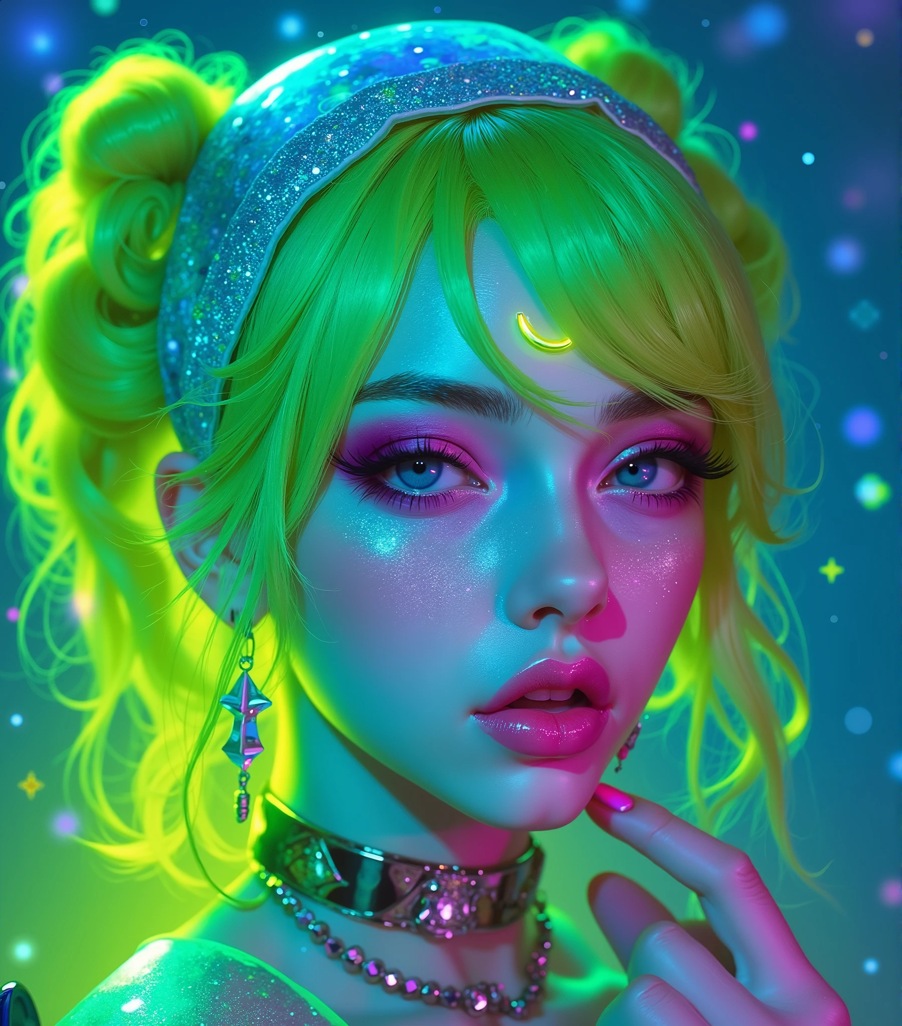 The character is a vibrant, otherworldly female with a luminous and enchanting aesthetic. Her neon green and yellow hair is styled in playful twin buns with loose, flowing strands, radiating a glowing aura. Her face shimmers with glitter and iridescent hues, accentuating her ethereal presence. A glowing crescent moon symbol sits on her forehead, enhancing her mystical allure.
Her captivating eyes are framed by bold lashes and pink eyeshadow, exuding a mesmerizing charm. Glossy pink lips add a touch of vibrancy and elegance. She wears a studded choker and layered necklaces, blending edgy and celestial styles seamlessly.
The background is a dreamy gradient of blues and purples, with glowing particles adding depth and magic to the scene. The neon lighting highlights her facial features and accessories, creating a captivating, futuristic fairy-like persona.