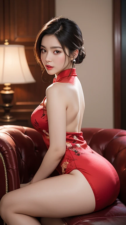 Full body of a girl standing in a Chinese palace square,Sexy and seductive girl,(Standing whole body),Side angle,slouchのポーズ,(Upturned hips),(slouch),Wearing a very long sexy lace Chinese dress,(Sexy pose with back and hips arched),A Chinese dress made of very thin fabric,A tight-fitting Chinese dress,Extra long side slits up to waist height,You can see her string panties through the slit,Long eyelashes,double eyelid,Detailed eyes,Large Breasts,Cleavage,Small waist,Attractive thighs,Long legs,Perfect proportions,Perfect body,Anatomically accurate body,Anatomically correct fingers,I am looking at this,Twin bun hair,masterpiece,Photorealistic,High resolution:1.2,High definition:1.2,Highest quality:1.2