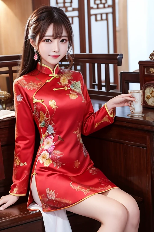 beautiful female idol、lipgloss、shy smile、whole body、good style、、、、、Big Scorpion Print Tight Mini Cheongsam Dress、Braid、large chinese restaurant background、