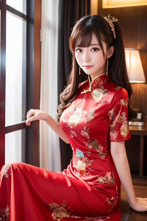 (8K, highest quality, masterpiece: 1.3), (realistic, photorealistic: 1.4), ultra high definition, (ao dai), (red clothes), (japanese female), (high-definition cute face), (large breasts), brown hair, ponytail hair, professional lighting, (closed mouth: 1.2), blush, smile, lingerie