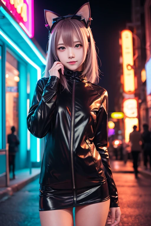 Young woman, porcelain skin, short pink hair, heart-shaped face, wide forehead, thin pink eyebrows, big jade green eyes, long eyelashes, buttoned nose, peach lips, black leather dress, Sakura Haruno, 3d, realistic, realism, high focus, details, futuristic city, future, buildings, night