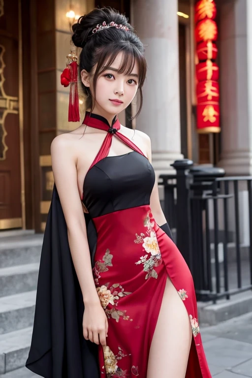 NSFW ,(RAW photo, best quality),(realistic, photo-realistic:1.3),best quality,highly detailed,masterpiece,ultra-detailed,illustration,1girl, medium breasts, moon,(straight hair:1.3),(double thin hoop bun:1.4),black hair,hair flower, (black eyes:1), Ancient Chinese fortresses background, city walls, snow, outdoors, realistic, masterpiece, best quality, 8k, photorealistic,full_body,dynamic angle,world masterpiece theater,messy_long_hair,best quality,extremely detailed CG unity 8k wallpaper,Amazing,cinematic lighting,lens_flare, highheels, standing, smile,<lora:Latex_Cheongsam_By_Stable_Yogi:0.8>,latex floral chenongsam