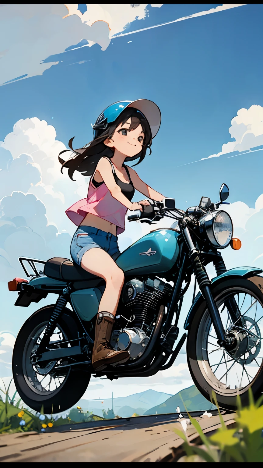 best quality 、(One Girl Vintage_ motorcycle riding)、 dark brown shortcut 、 he's wearing a jet helmet、 helmets have 、 black and white lines running back and forth in the center .。.、 white tank top、 pink rider jacket 、 denim shorts、 white knee-high socks 、 brown work boots 、 Japanese Countryside Scenery、Kawabe road、Small Stream、Dirt Track、 weeds grow on the side of the road 、 blue sky、 floating white clouds 、Early summer sky 、Sky blue bike 、 birds are flying、smile
