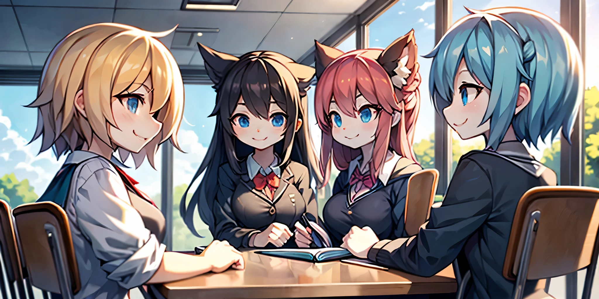 High school girls, gathered together for classes, summer school, Class sitting on chairs, smiling a little