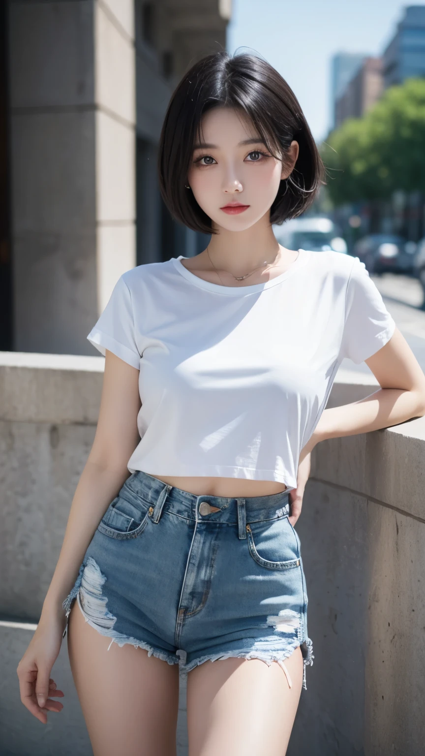 Best quality, full body portrait, delicate face, 18 year old girl, slim figure, small bust, white crop top T-shirt, waist pink denim skirt, gymnasium scene, standing tall