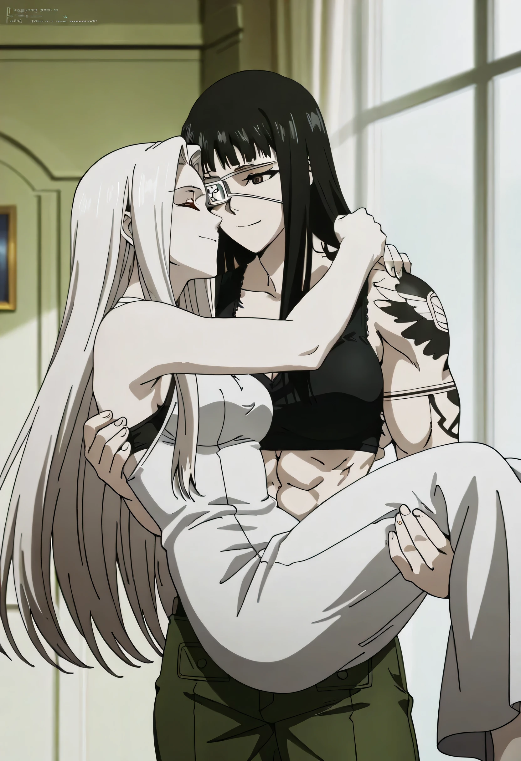 2girl,solo,mm,mature female,black hair,eyepatch,brown eyes,medium breasts,anime coloring,long hair, muscular,black sport bra and green military trousers with belt,cowboy shot, ,air, tattoo, ,masterpiece,best quality,amazing quality,pelvis muscles,muscles lines,Valmet with beautiful irisviel having a long gray hair,irisviel wearing white dress,irisviel soft body,lesbians,yuri,irisviel shorter than valmet,Valmet carrying irisviel in princess carry,irisviel back front Valmet,Valmet her arms Around irisviel stomach,Valmet and irisviel deep kissing,eyes closed,irisviel one arm around Valmet neck,light trun off in room,Valmet ×irisviel,Valmet light smile,Irisviel white dress sleeveless,Valmet jumping in air while carrying irisviel,dynamic air,irisviel pergent,irisviel swollen belly indicates pregnancy