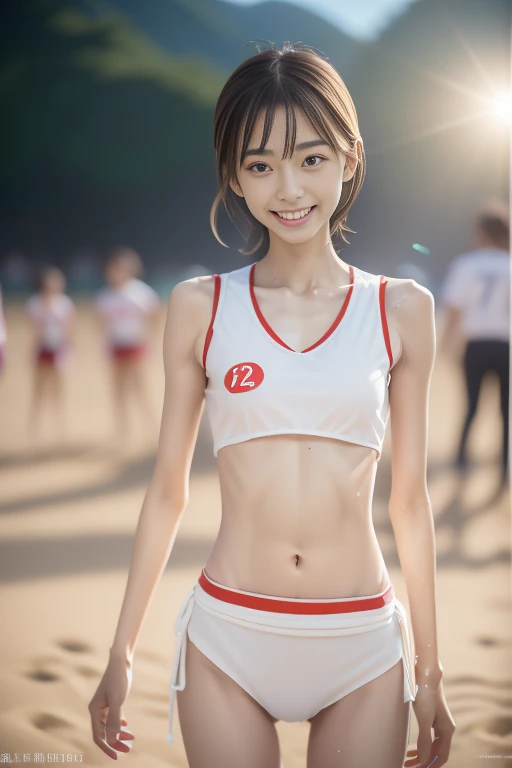 8k、RAW Photos、highest quality、Super detailed、Super Resolution、Ultra HD、8k wallpaper、Amazing details
(Ultra flat, Flat Shading), Honors Type, Really blushing, 17 years old, (Cheerleading match:1.5), Two Girls, (Finding:1.5), Wearing white (High cut bikini swimwear:1.5), Wedge Shape:1.5, Camel Toe:1.7, Sneakers, Ponytail Brown Hair, Sweaty healthy body, My whole body was soaked with lotion and sweat., barefoot, belly button, Ultra-realistic, Wind, In crowded public places,
((((Panties and bra are visible))))