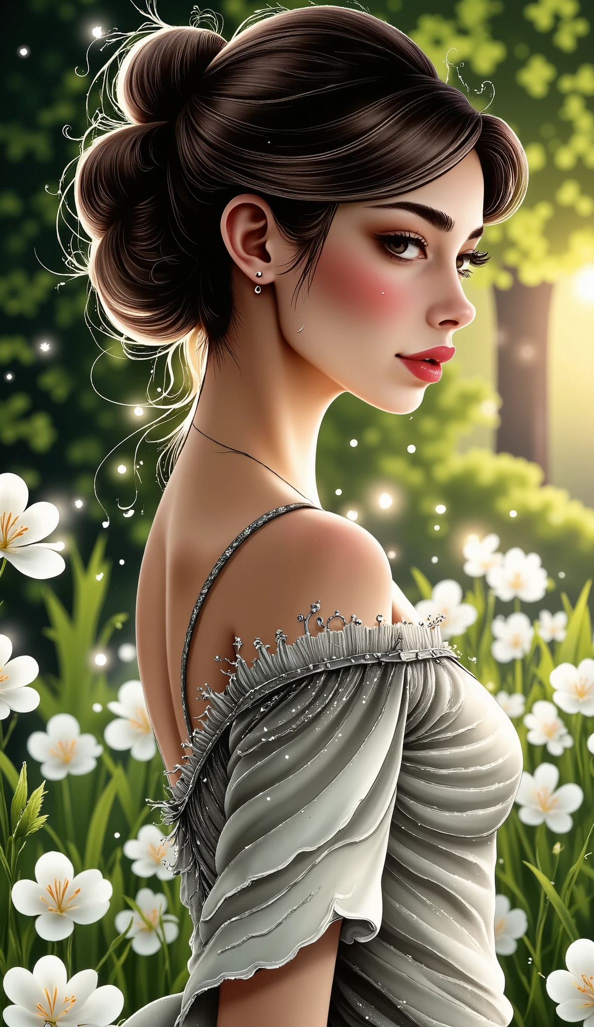 ( highest quality,4k, High resolution, super detailed,realistic:1.37), bright colors ,Light ,luz,bergamot ,white flor, beautiful girl, exquisite features , Hair Loss , calm expression , Garden Furniture , elegant dress ,Soft sunluz,Brisa,Bright environment, Backlit Stage , Tips for Smiling , mysterious glow , The Morning Is Refreshing , long shadow , Harmony of Nature , A Subtle Idea ,natural beauty, Brilliant Dewdrops,Clear Details, Tranquility and peace , Superior Ingredients , Visit Our Branch , whispering leaves , Aromatherapy Petals , with a Shining Light , Brilliant Gloss ,subtle shadows,soft focus,Sublime beauty, Whispering Nature ,Great atmosphere,Illuminated background.