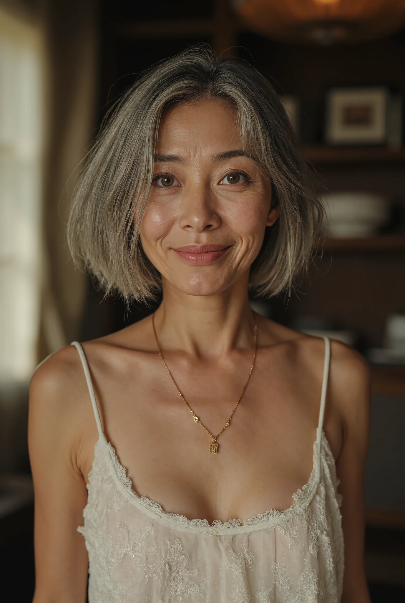 Photorealistic 、 full body image 、70 years old、 Japanese、Beautiful old woman、Charismatic Old Prostitute 、 with a thin and poor body、Damaged short bob hair gray hair 、Heavy makeup、 small wrinkles and freckles and moles on the skin 、Wedding Rings、Happy smile、I'm wearing a small, obscene mini nightgown in pure white、 With Her Legs Wide Open 、 high pin heel 、 beautiful luxury brothel full of steel restraints illuminated by the bright sun