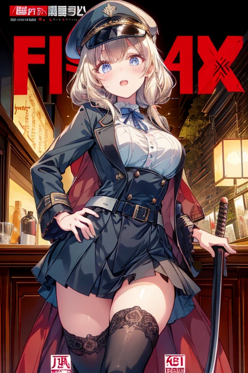 (masterpiece:1.2), (Military uniform magazine cover:1.4),best quality,PIXIV,Sweet girl , sexy posture,1girl, (perky chest:1.2), rolling upskirt by wind:1.6, (with sparkling eyes and a contagious smile),open mouth, (pointed chest:1.2),fishnets, black hair, boots, long hair, black nails, skirt, shirt, black footwear, bag, black skirt, jewelry, jacket, thigh strap, bangs, necktie, earrings, nail polish, multicolored hair, looking at viewer, full body, bottle, own hands together, belt, jacket on shoulders, food, cats on head, ring, choker, english text, collared shirt, blue eyes, hat, lace-up boots ,masterpiece、highest quality、Very detailed、An illustration、Beautiful fine details、One Girl、cute、Detailed landscape、Training Room Background:1.4、Platinum Blonde Hair、Braided Ponytail、Red camisole、((c cup breasts, Tank top showing underboob:1.4))