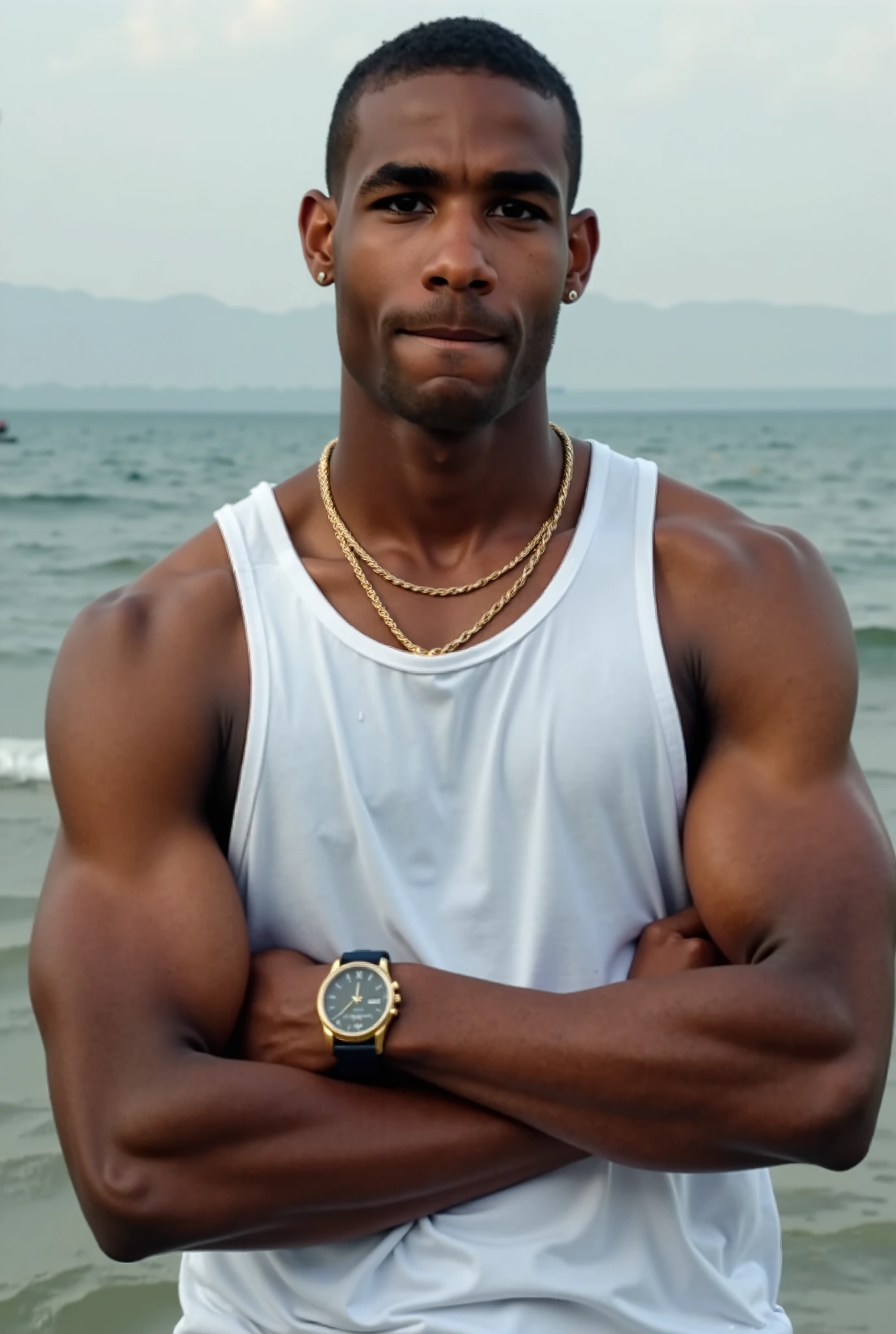 ((Best Quality, 8K, ultra-detailed, ultra-high resolution, Masterpiece: 1.5)), ((wide view)), smiling toned black man, 45 years old, masculine, with shades, shorts, posing in a sunny beach. in the water, hip hop vibe