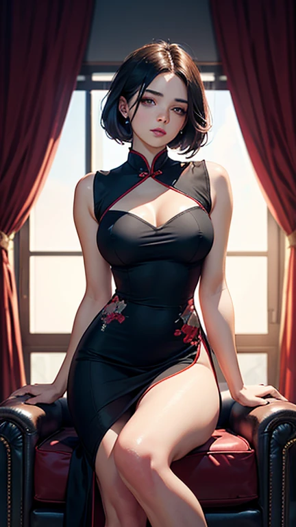 4k, high quality, soft light, cel shading, thick lines, short black bob hair, dark eyes, sexy, big breasts, thick thighs, wide hips, chinese dress, leg slit, muscular, toned, long flowing chinese dress, ornate, jewelry, hair bun, hair accessory, sexy anime lady, thicc, thick lady, thick hips