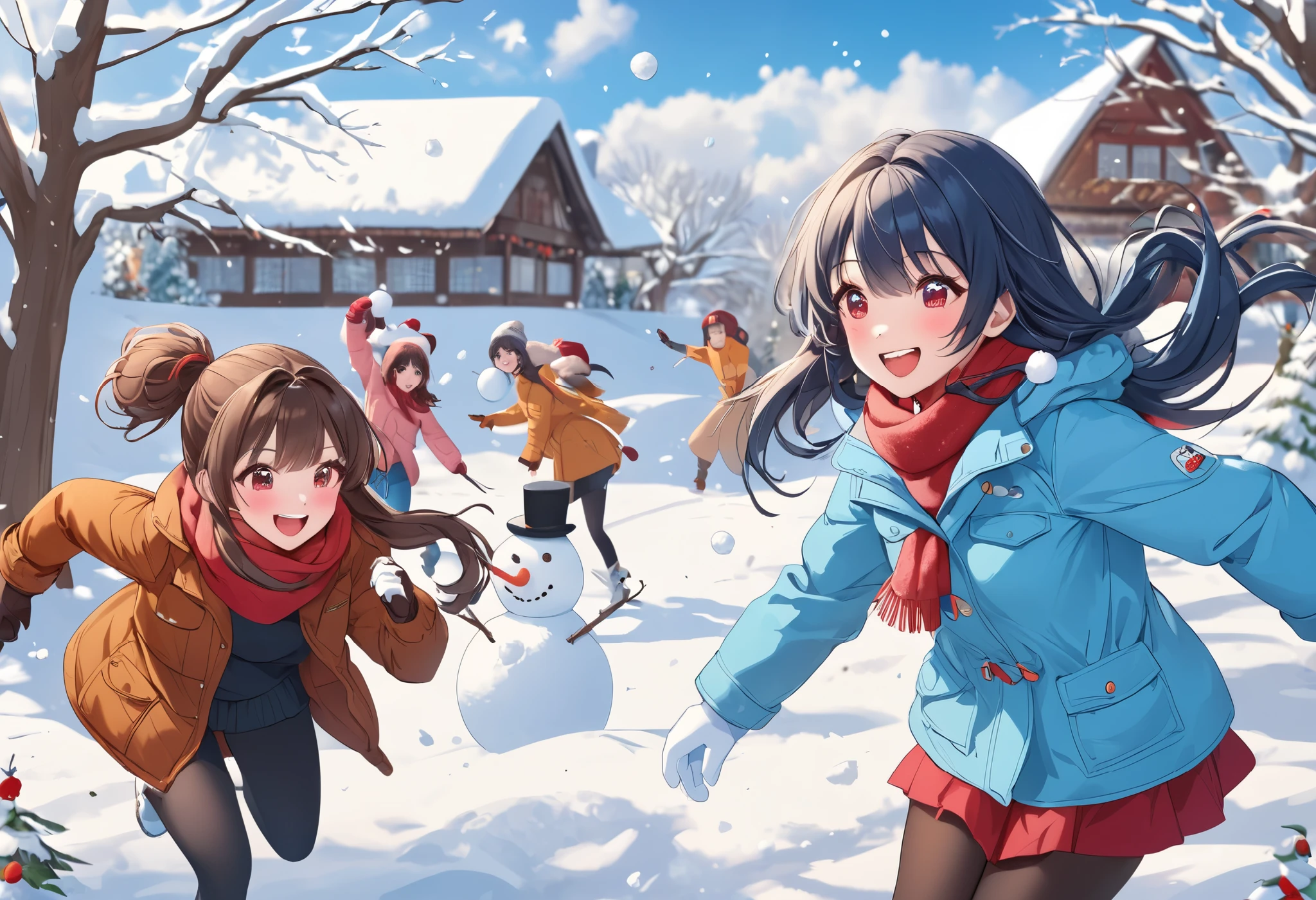light blue long hair、A beautiful girl with a twin-tail hairstyle 、 brown down jacket、 Red Muffler 、smile、 Snow Scenery 、 is having a fun snowball fight with her friends、There is a snowman 、