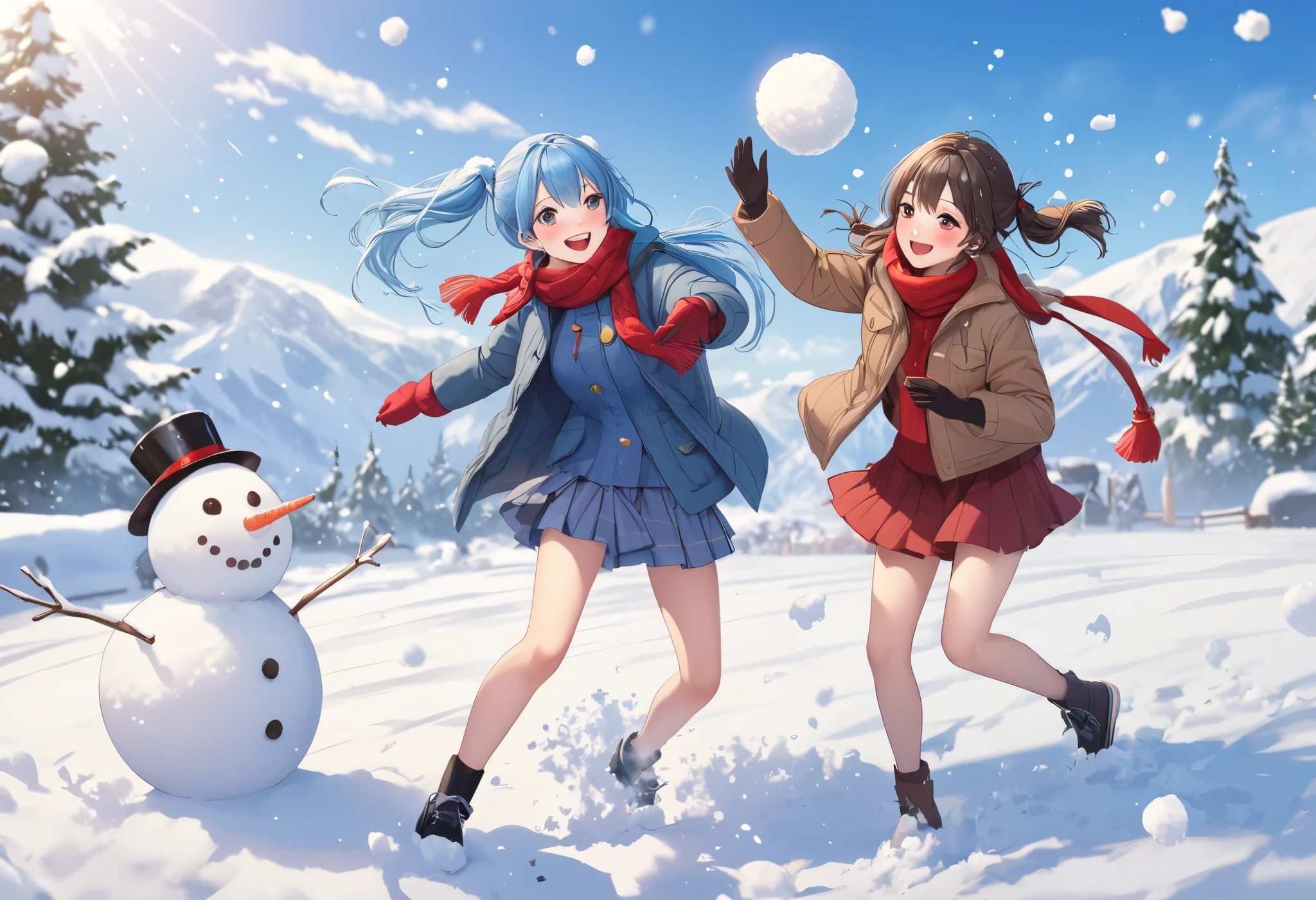 light blue long hair、A beautiful girl with a twin-tail hairstyle 、 brown down jacket、 Red Muffler 、smile、 Snow Scenery 、 is having a fun snowball fight with her friends、There is a snowman 、
