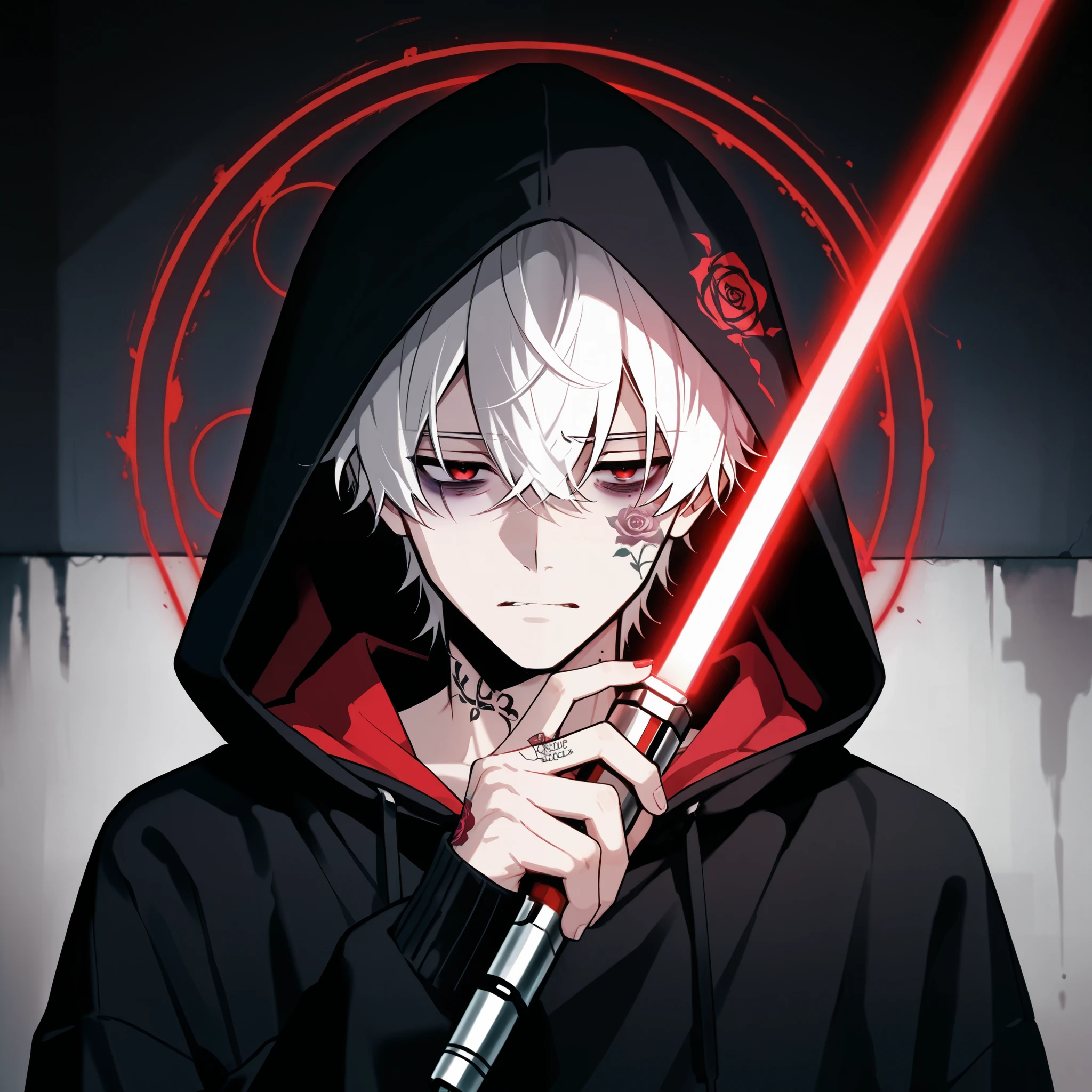 Solo Male, white hair red eyes, Dark circle under eyes Depressed face, Black hoodie, rose tattoo on hand and neck, Holding a red lightsaber