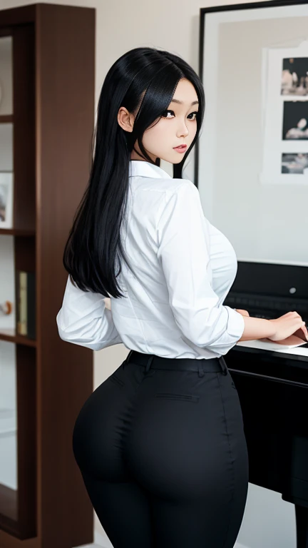 PERFECT MASTERPIECE, EXTREMELY DETAILED CG UNITY 32K UHD QUALITY RESOLUTION WALLPAPER, PHOTOREALISTIC, RAW PHOTO, PERFECT PHOTOGENIC CLARITY, OFFICIAL ART, AWARD-WINNING PORTRAIT, ULTRA HYPER-REALISTIC, ULTRA HYPER-DETAILED, SHINY REALISTIC SKIN, RAY TRACING, UNREAL ENGINE 5.8K, GLOWING AMBIENT LIGHT, The most beautiful and sexy school girl, very long black hair, vibrant moonlight eyes, long detailed eyelashes, blushing, full pouting pink lips, curvy body type, full hips, gigantic ass, super huge enormously gigantic tits, cleavage showing, gigantic tits bursting out of her shirt, wearing a school girl uniform and school girl skirt, (Pointing and lifting her butt up arching her back in a sexy seductive slutty pose:1.3), white panties showing, looking back at the viewer, close up pov camera view from behind, sexy seductive slutty facial expression, school classroom background