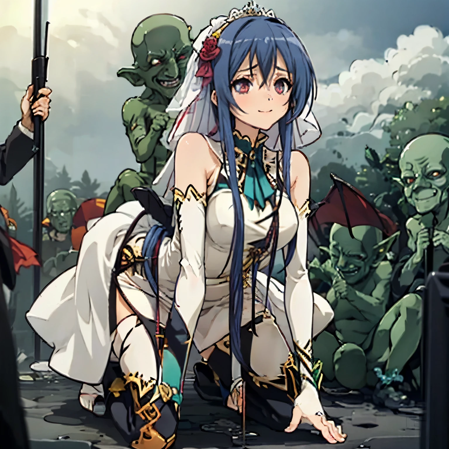 masterpiece, (((goblinriding, a goblin is riding a girl))), goblin, multiple goblins, goblins, (all fours), 1girl, (((wedding dress:1.1))), (nose hook), reins, collar, chain, rope, obey, happy trance, smile, hair ornaments, expressionless, emotionless, blank eyes, empty eyes, mind control, horror, monster, glowing eyes, seductive pose, submissive pose, hair ornaments, medium breast, Tamao, blue hair, long hair, ribbon, sidelocks, purple eyeslong,
