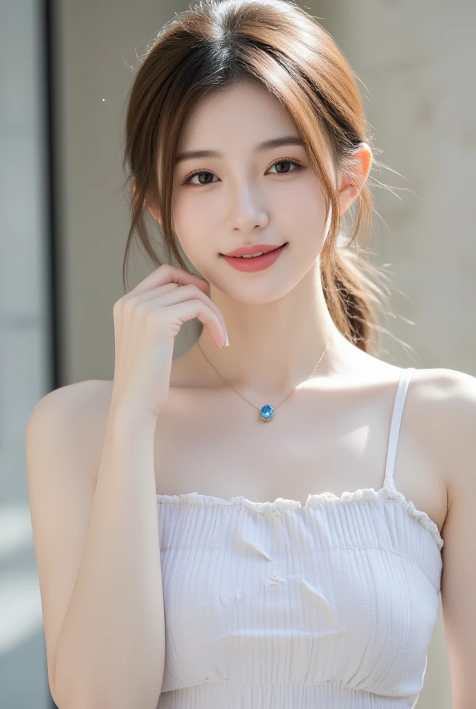 ultra detailed,high resolution,RAW photo,photos realistic、japanaese girl、A beauty、Light brown hair、bangs,hair arrangement,a Mole under left eye、up of face、make - up、Small piercing、a small pendant top necklace、high-detail、Blurry background、smile,street,beautiful lighting,realistic shadow,