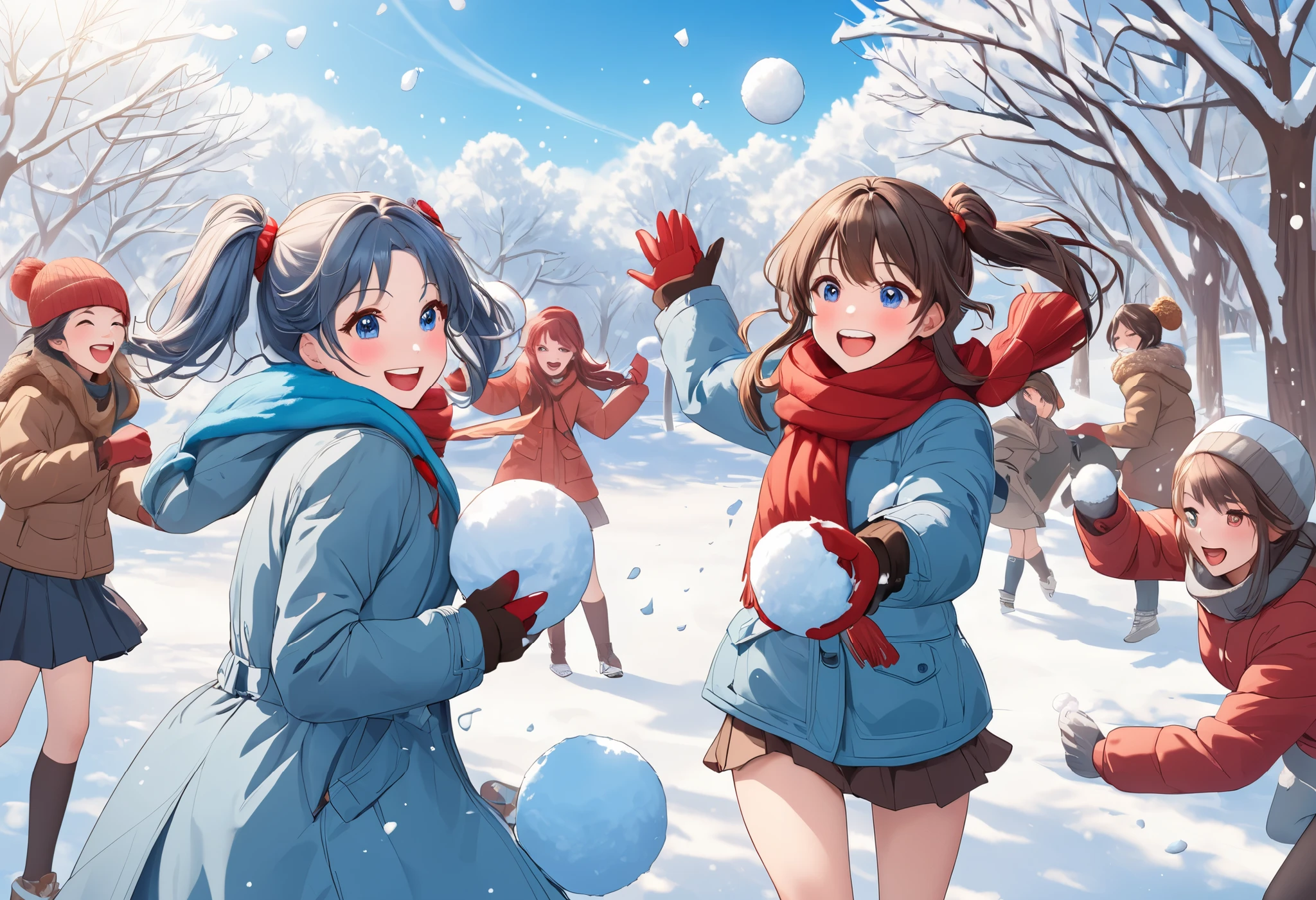 light blue long hair、A beautiful girl with a twin-tail hairstyle 、Brown down jacket、 Red Muffler 、smile、 Snow Scenery 、 is having a fun snowball fight with her friends、