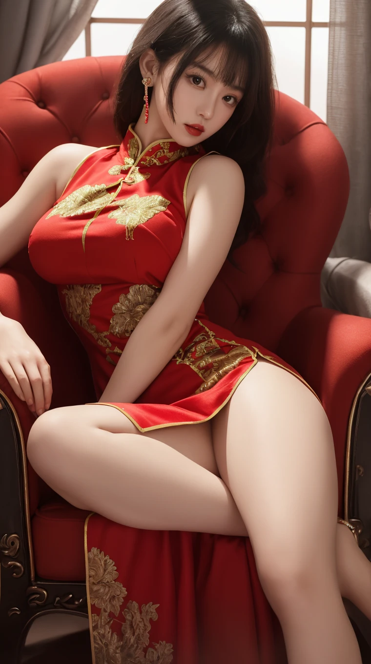 araffe woman in red dress laying on a bed with pillows, a beautiful fantasy empress, chinese girl, trending on cgstation, chinese princess, chinese costume, chinese empress, beautiful render of tang dynasty, full body xianxia, ((a beautiful fantasy empress)), chinese dress, chinese style, wearing a red cheongsam, chinese fantasy