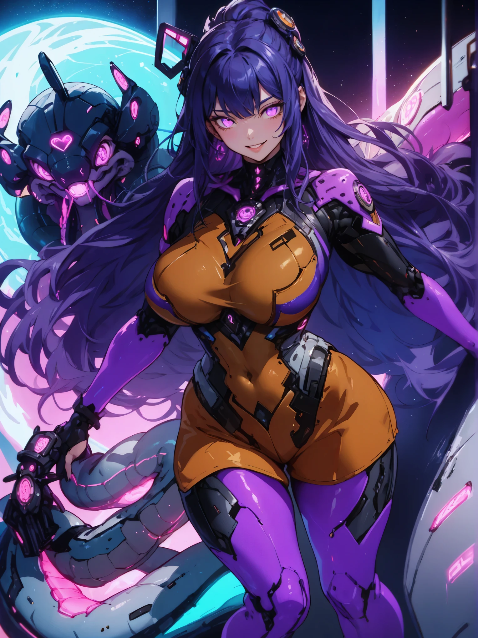Sci-fi style girl. Mechanical bodysuit. Purple image color. Long hair. Straight hair. Even bangs. Smiling. Glowing eyes. Multiple snakes growing from body. Mechanical snake. Thighs. Thick legs. Breasts perky.
