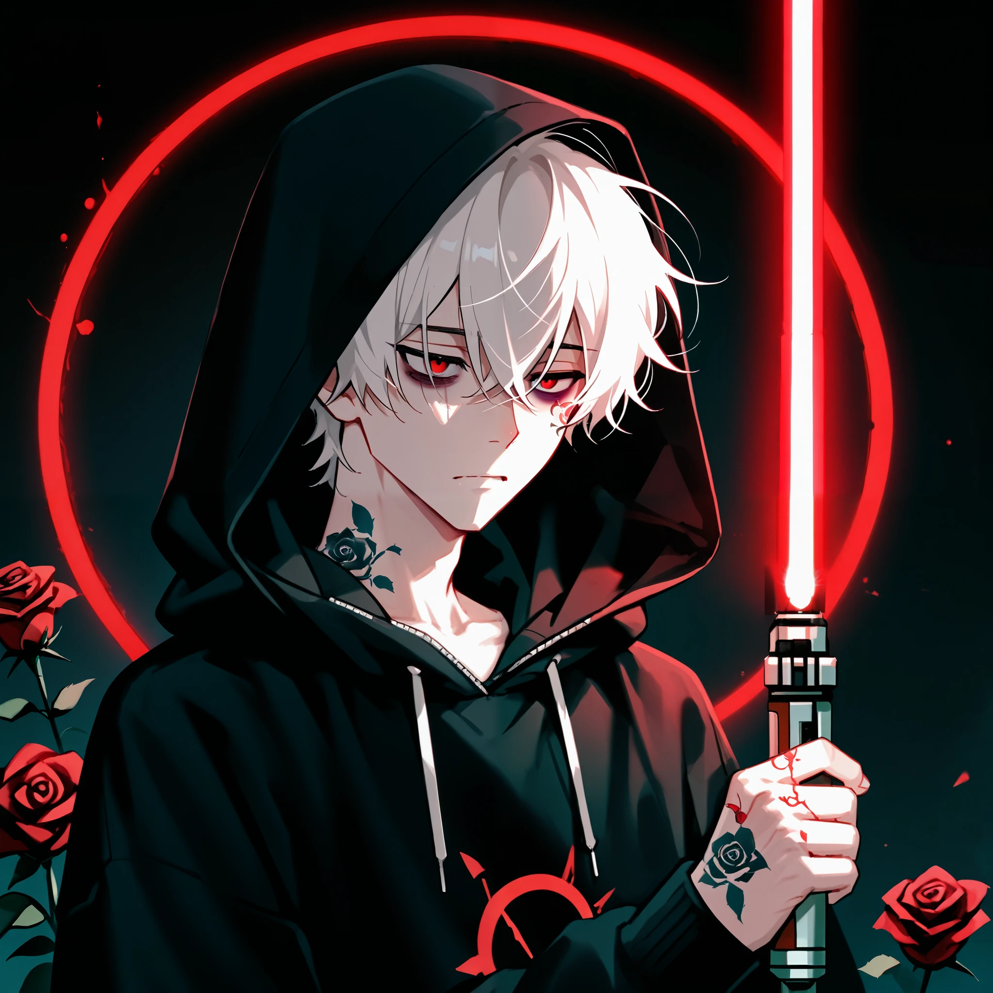 Solo Male, white hair red eyes, Dark circle under eyes Depressed face, Black hoodie hood up, rose tattoo on hand and neck, Holding a red lightsaber, Zoomed out, Full view